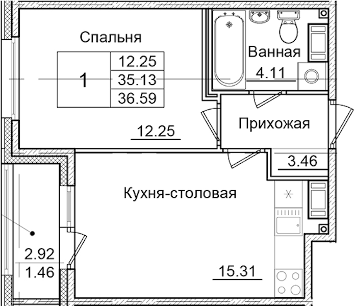 1-комнатная квартира 36.59 м², 4/9 эт., ЖК «Квартал Заречье»
